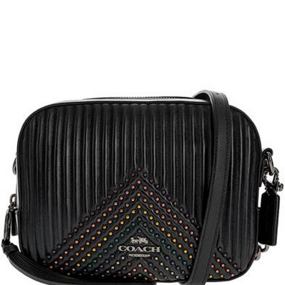 Coach Camera Crossbody: Quilting & Rainbow Rivets Studs Black Leather - Picture 4 of 4